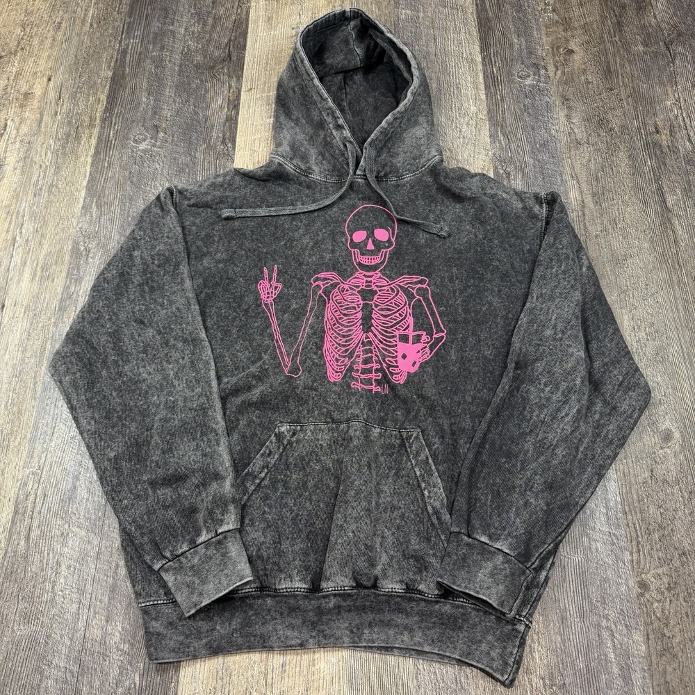 Lauren Norris Skeleton Hoodie Womens M Gray Acid Wash Colortone Pullover‎ Goth